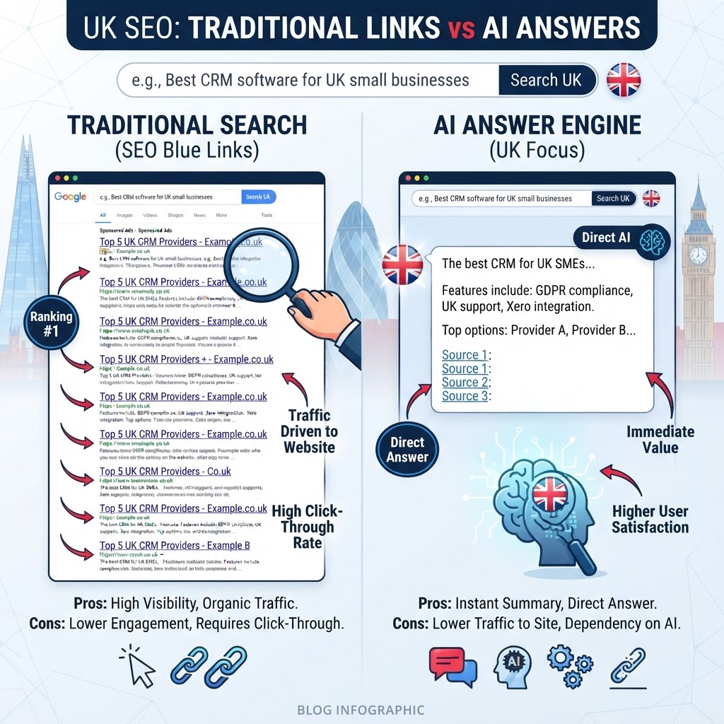 Infographic comparing traditional SEO blue link results versus AI answer engine responses for UK business queries