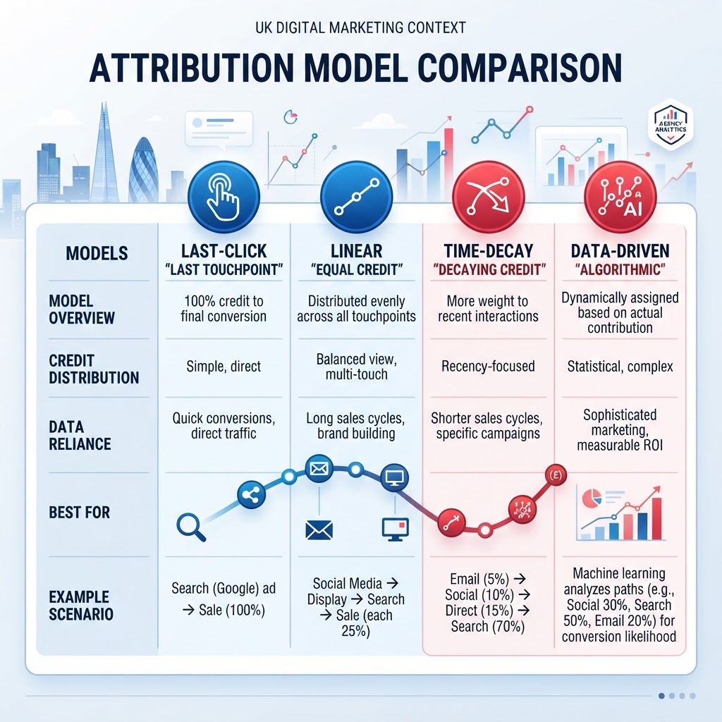 Comparison chart of attribution models including last-click, linear, time-decay, and data-driven for UK digital marketing