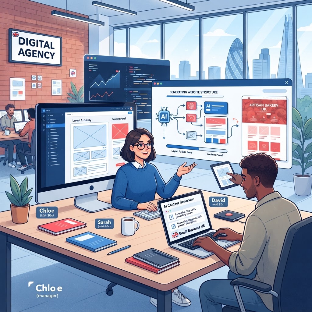 AI tools generating website layouts and content for a small UK business