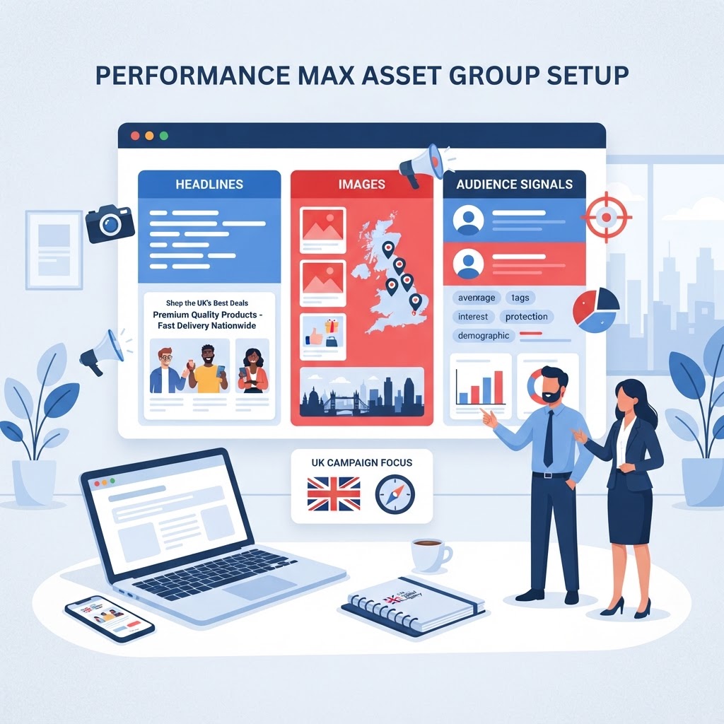 Performance Max asset group setup showing creative assets including headlines, images and audience signals for a UK campaign