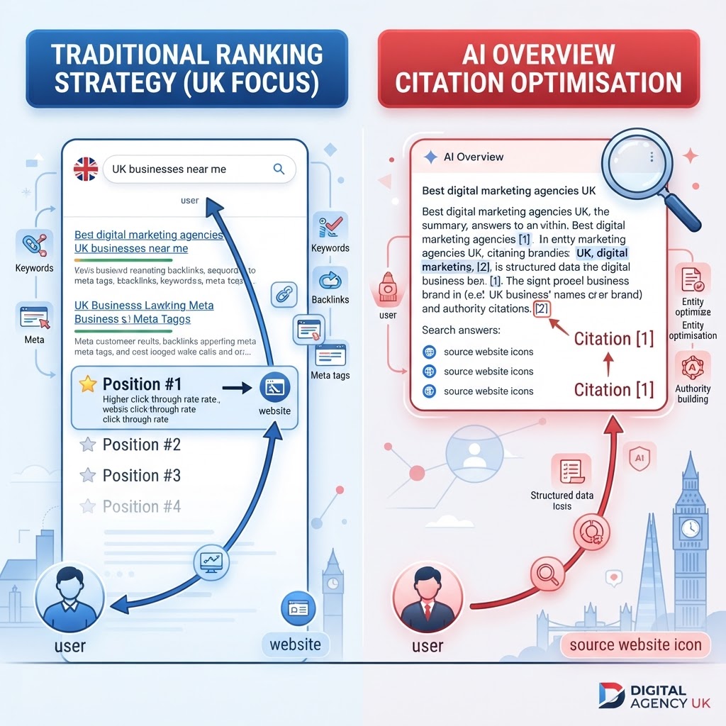 SEO strategy diagram showing the difference between traditional ranking and AI Overview citation optimisation for UK businesses