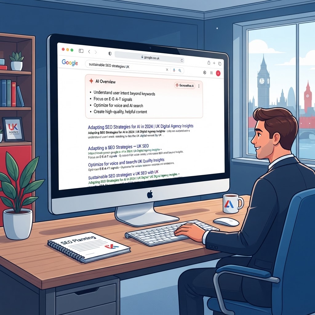 Google AI Overviews appearing in UK search results on a desktop screen showing SEO strategy changes