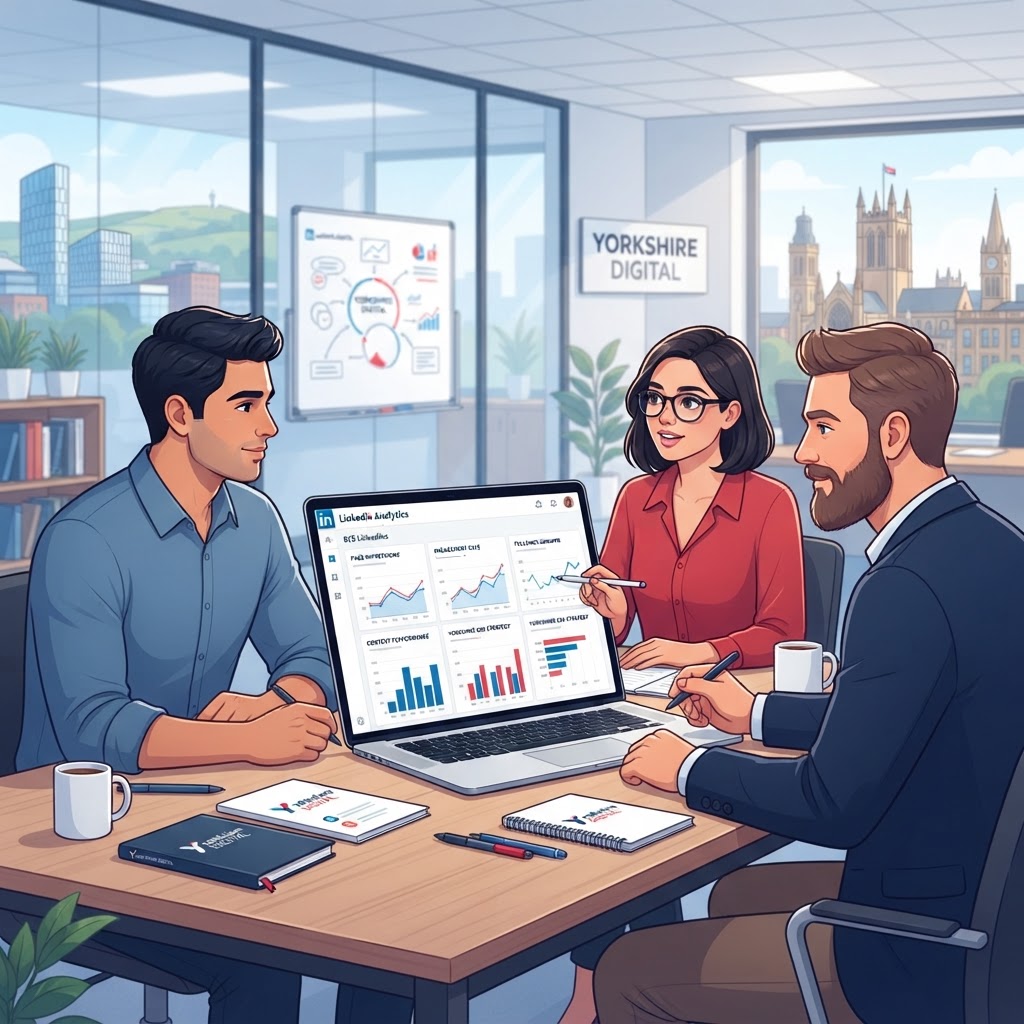 B2B LinkedIn content strategy for Yorkshire businesses - professional team reviewing LinkedIn analytics on laptop