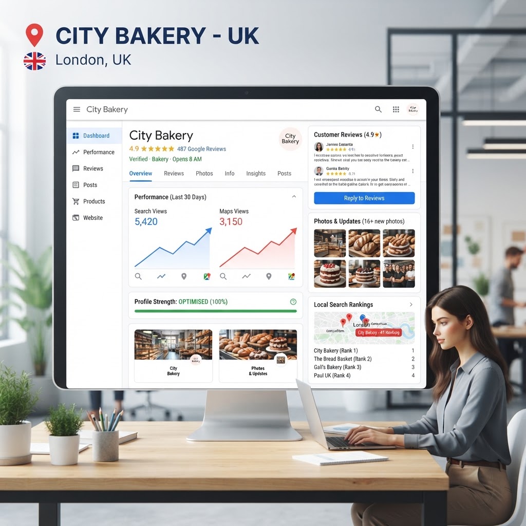 Google Business Profile optimisation dashboard showing a fully completed UK business listing with reviews, photos, and local search rankings