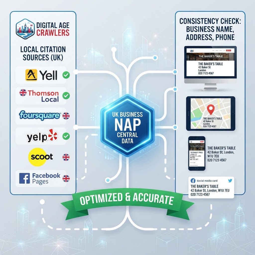 Diagram showing NAP consistency across local citation sources for a UK business