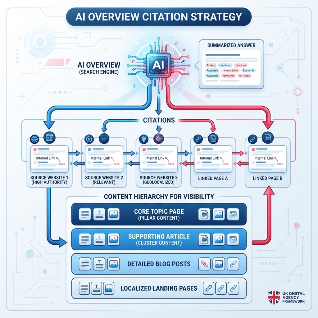 SEO strategy diagram showing AI Overview citation structure and content hierarchy