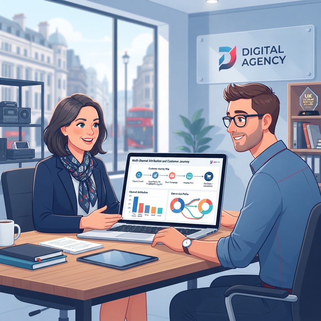 Local UK business owner reviewing multi-channel attribution data on a laptop showing customer journey analytics