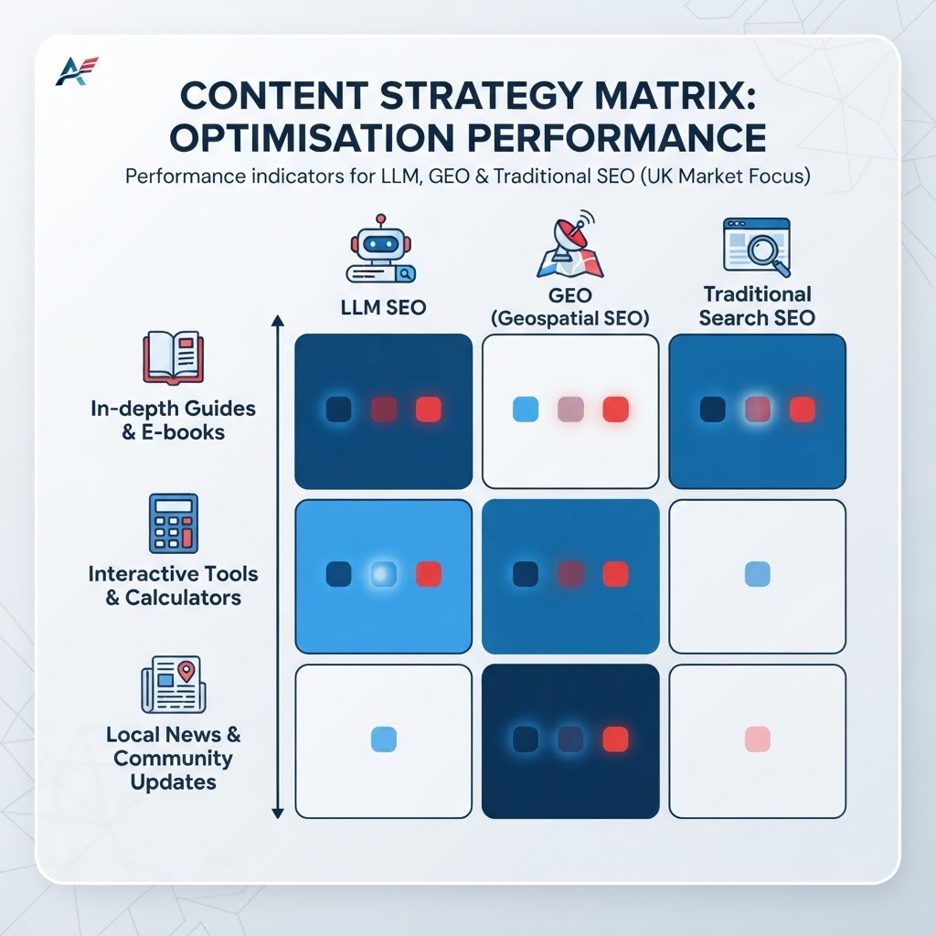 Content strategy matrix showing which content formats perform best for LLM SEO, GEO, and traditional search engine optimisation