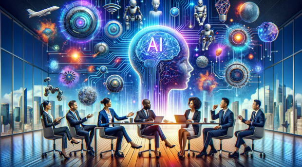 Boardroom with AI holographic projection