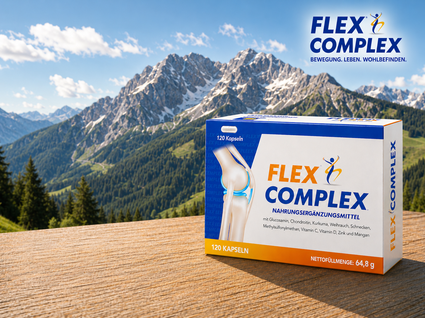 Flex Complex Produktverpackung vor alpiner Berglandschaft