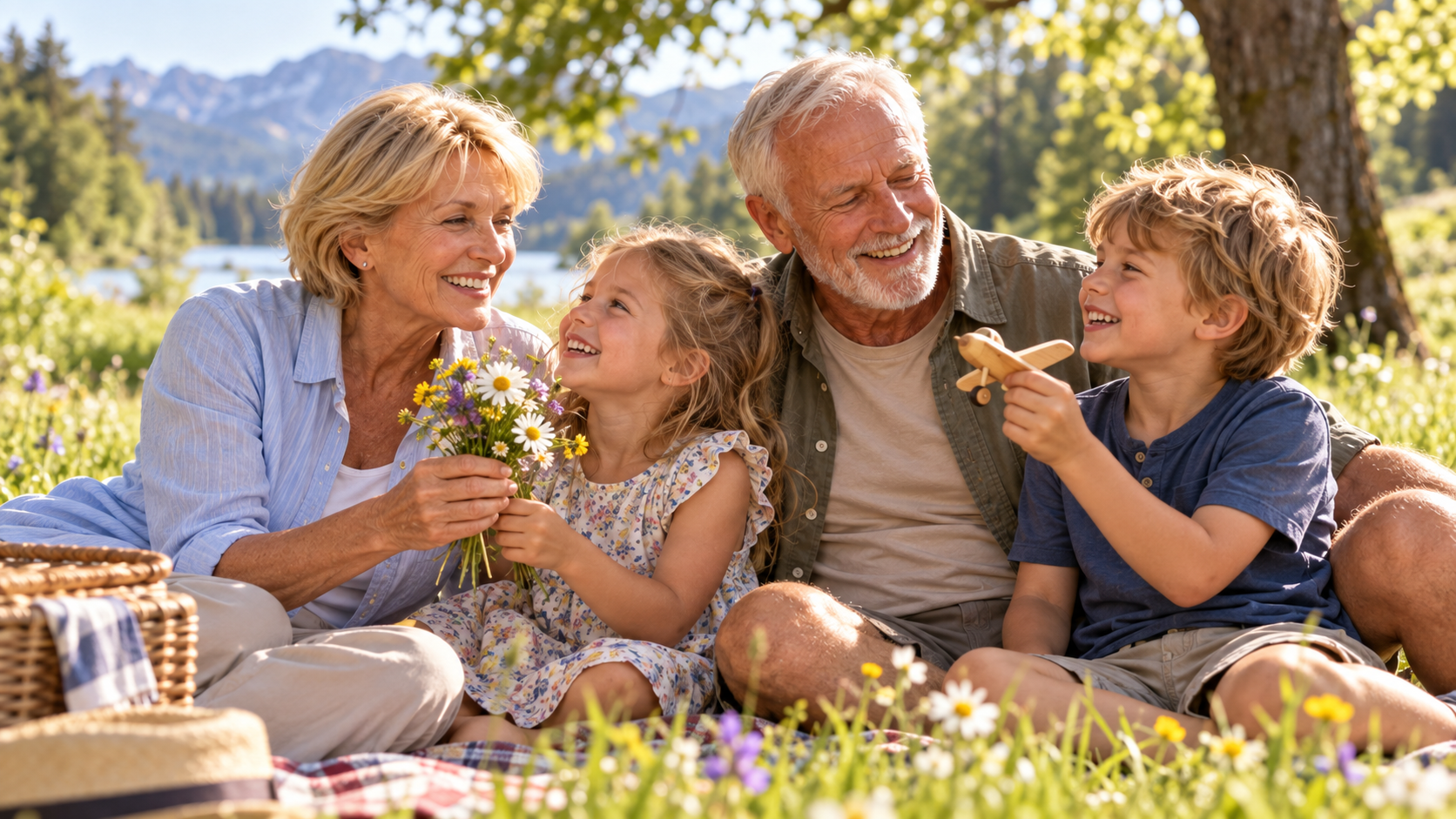 Großeltern mit Enkelkindern beim Picknick auf einer Wiese mit Blick auf See und Berge