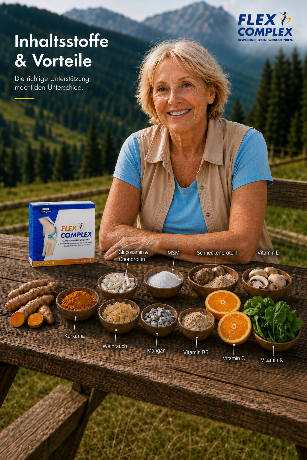 Flex Complex Inhaltsstoffe: Kurkuma, Glucosamin, Chondroitin, MSM, Weihrauch, Mangan, Schneckenprotein, Vitamin B6, Vitamin D, Vitamin C und Vitamin K