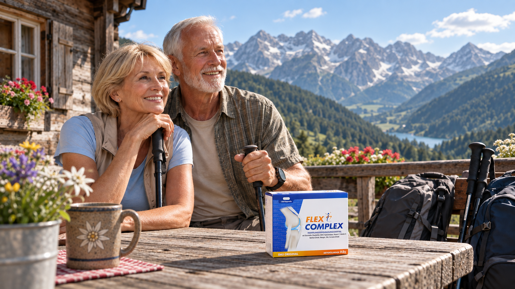 Älteres Paar mit Wanderstöcken am Berg mit Flex Complex Produktverpackung