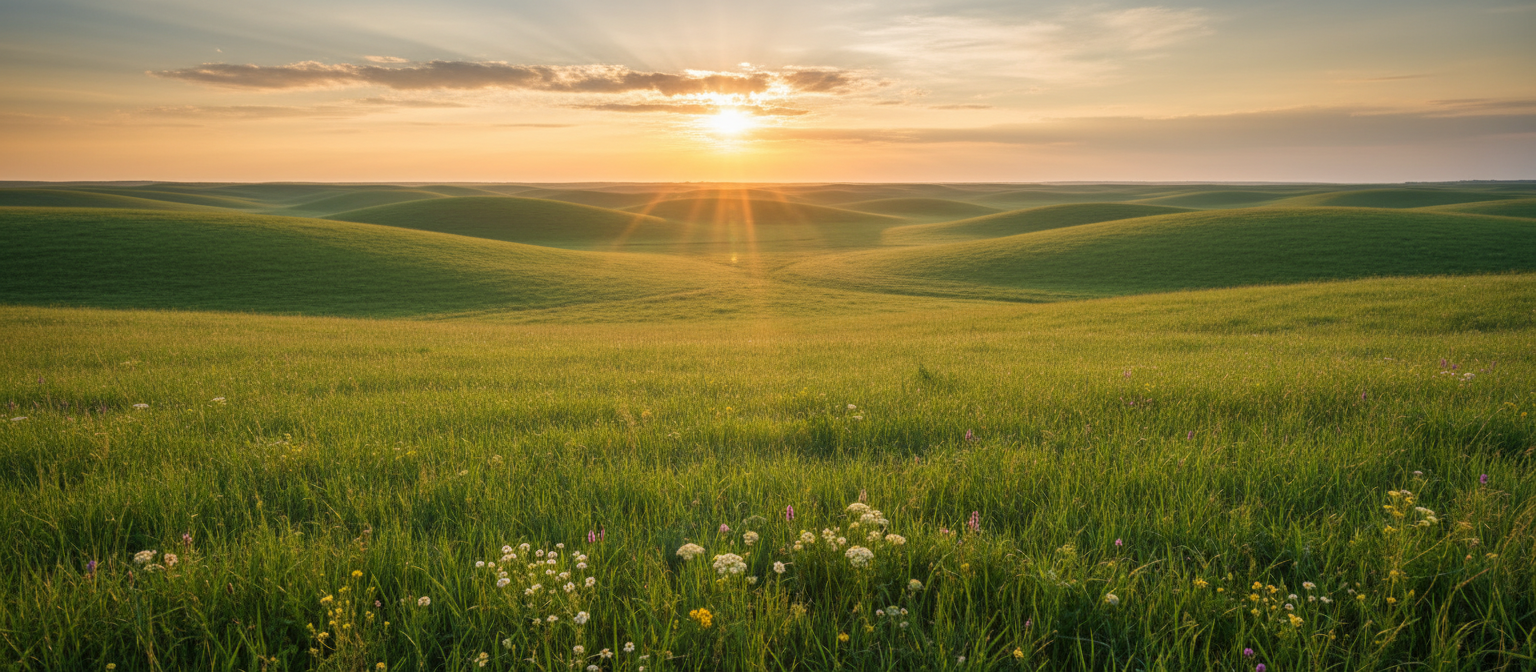 An expansive rolling meadow at dawn with golden light breaking through clouds