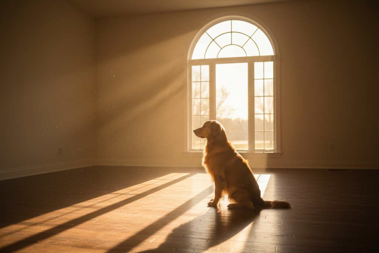 A golden retriever sitting peacefully in a sun-drenched living room, looking toward a window with golden light