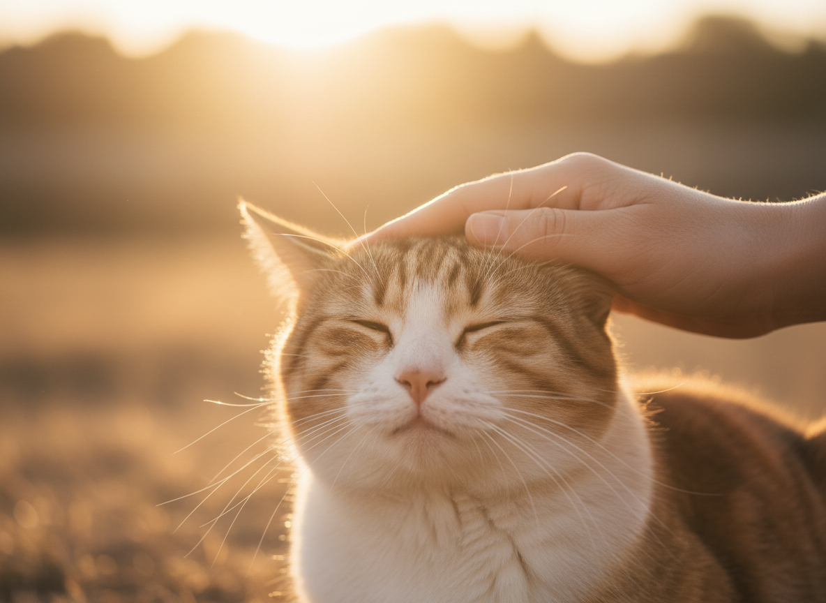 A gentle hand resting on a cat's head, warm golden light illuminating the tender connection