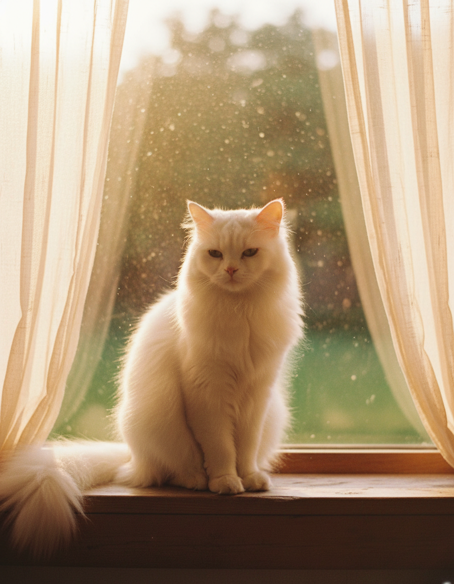 A white cat sitting serenely on a windowsill, backlit by warm golden sunlight