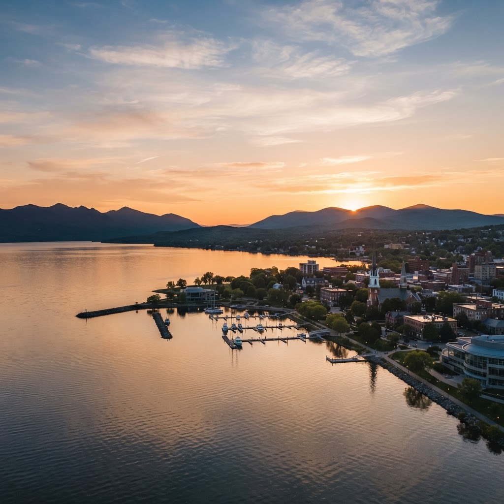 Sunrise over the Burlington waterfront and Green Mountains