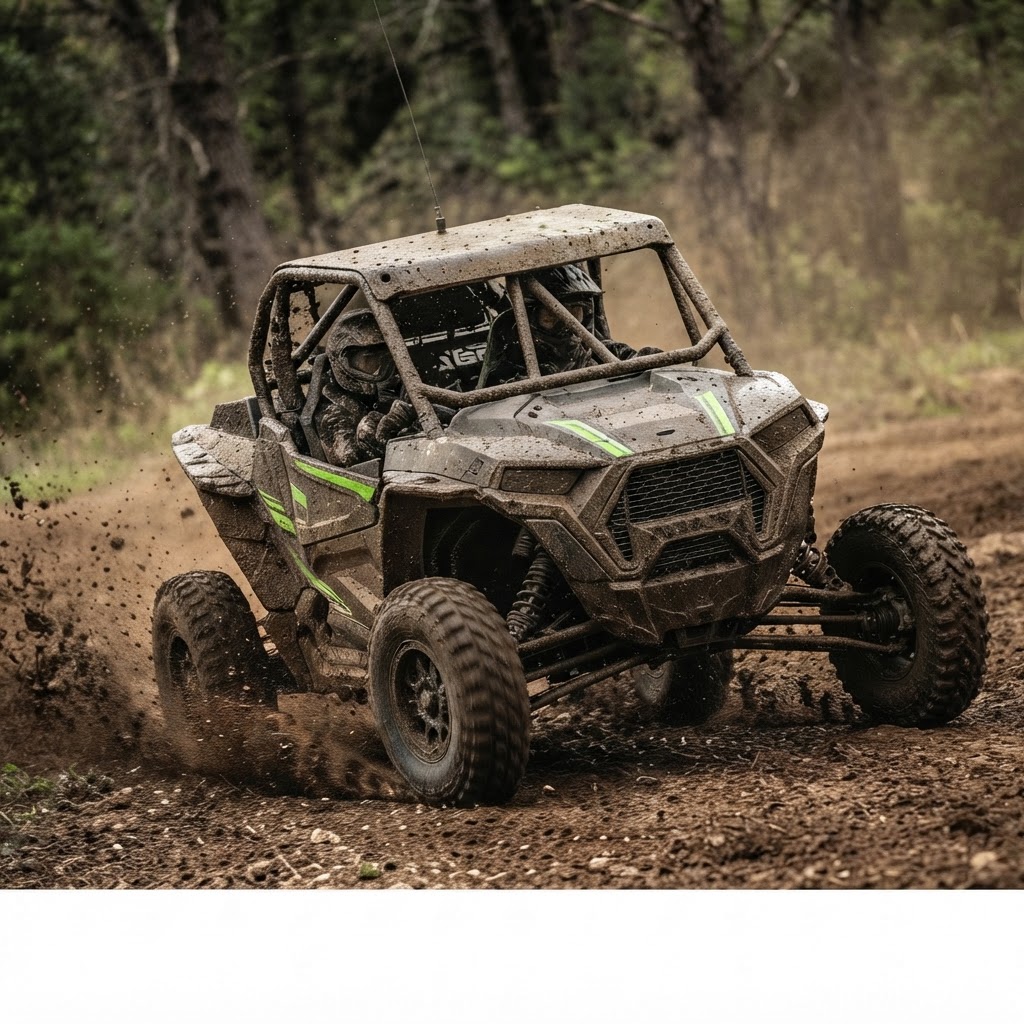 A customized side-by-side UTV driving through mud