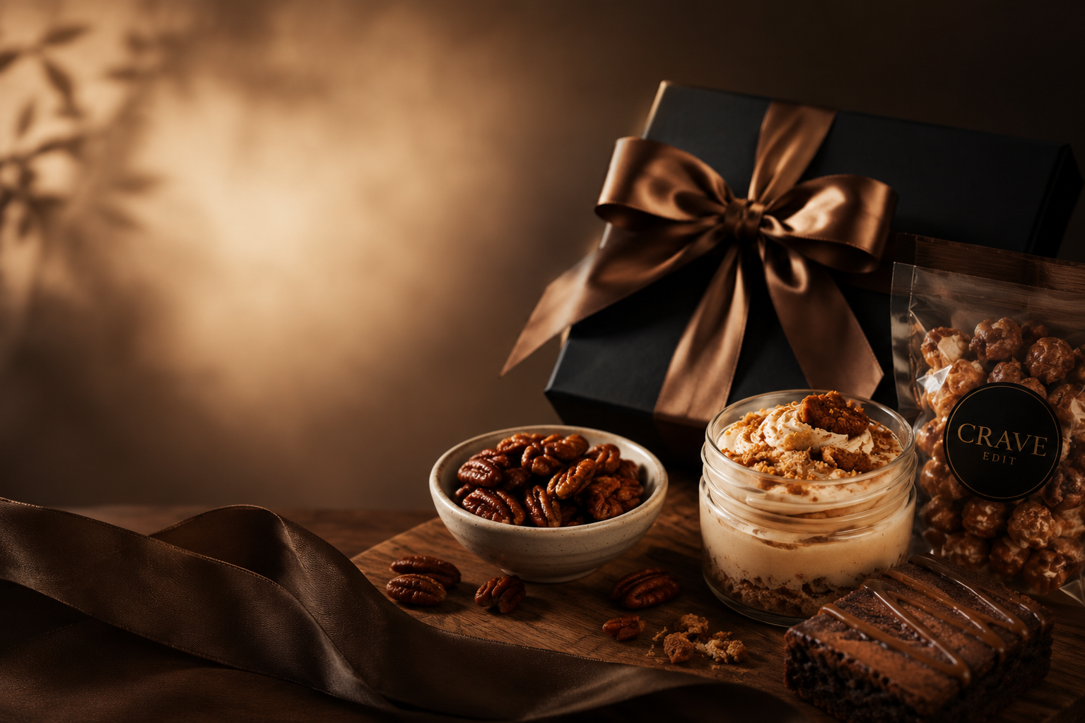 Brown Butter Baby — black gift box with bronze satin ribbon, pudding, pecans, brookie, and caramel popcorn on a warm espresso surface