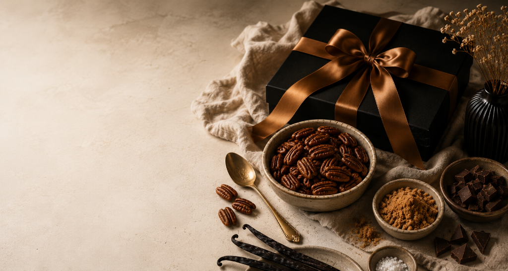 Crave Edit gift box with bronze satin ribbon, brass spoon, vanilla beans, and pecans on warm cream