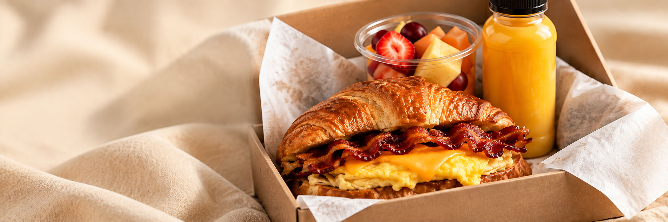 Crave Crew breakfast box with bacon, egg and melted cheese croissant sandwich, fresh fruit, and cold juice on a warm cream backdrop