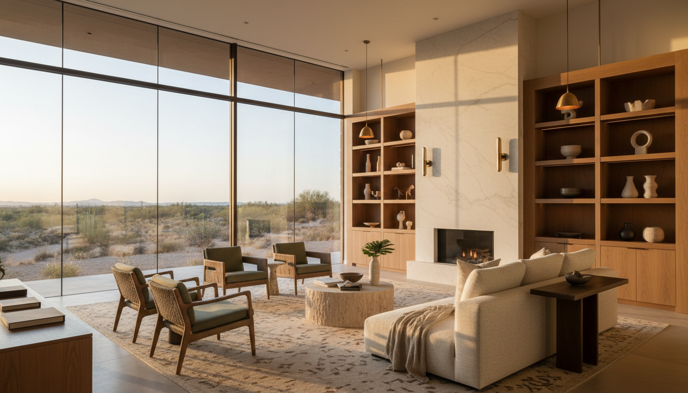 Luxury Paradise Valley estate at golden hour with Camelback Mountain