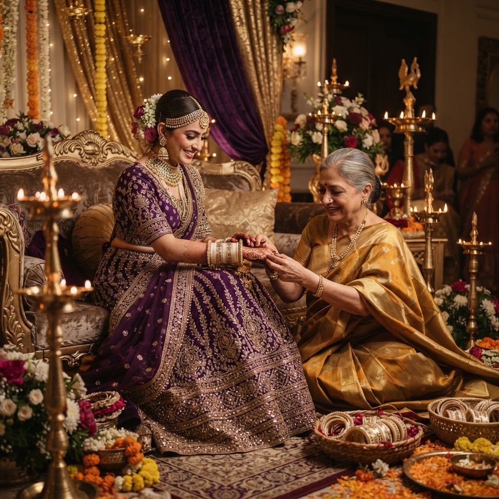 Elegant Purple Velvet Choora Ceremony Look