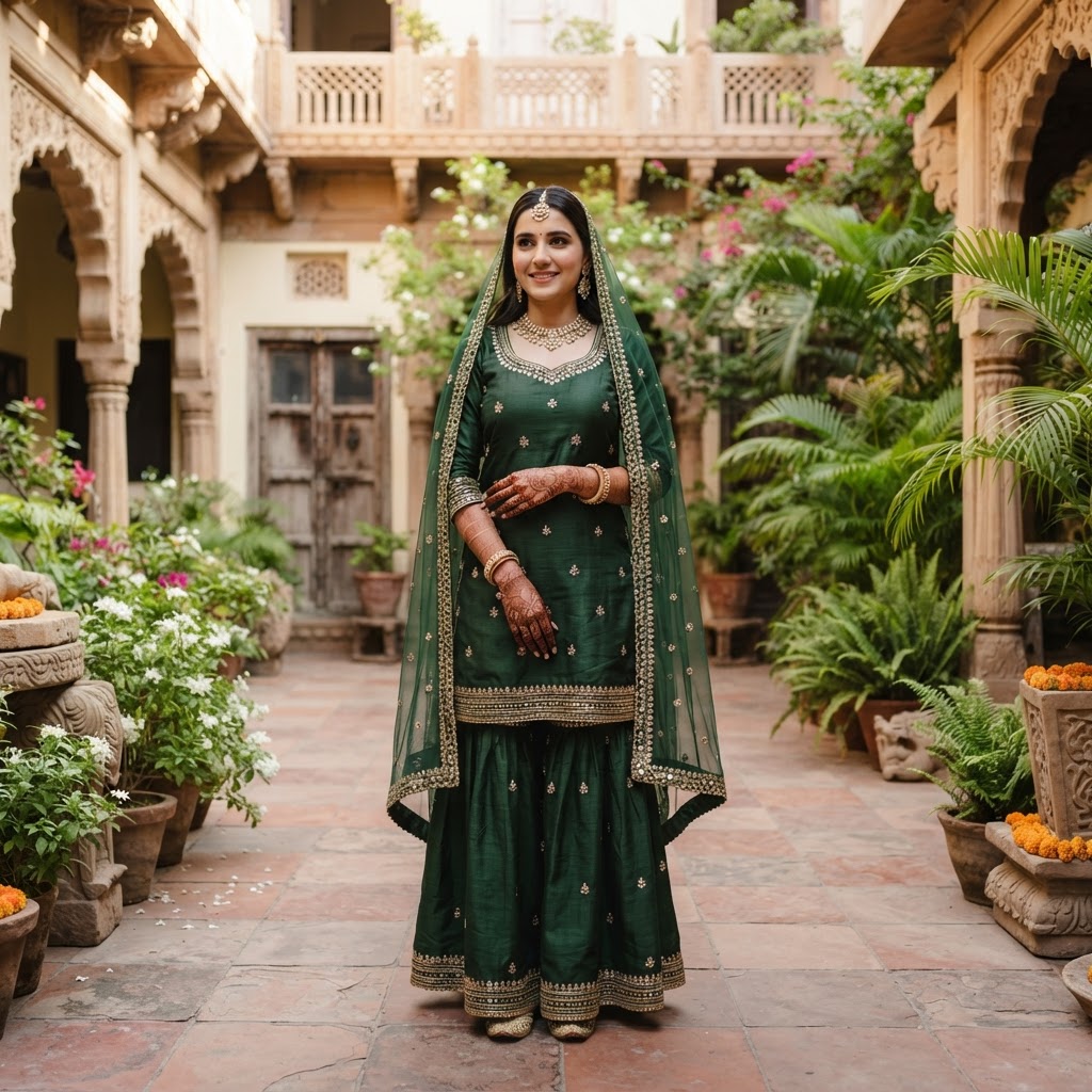 Emerald Green Silk Gharara Mehndi Outfit