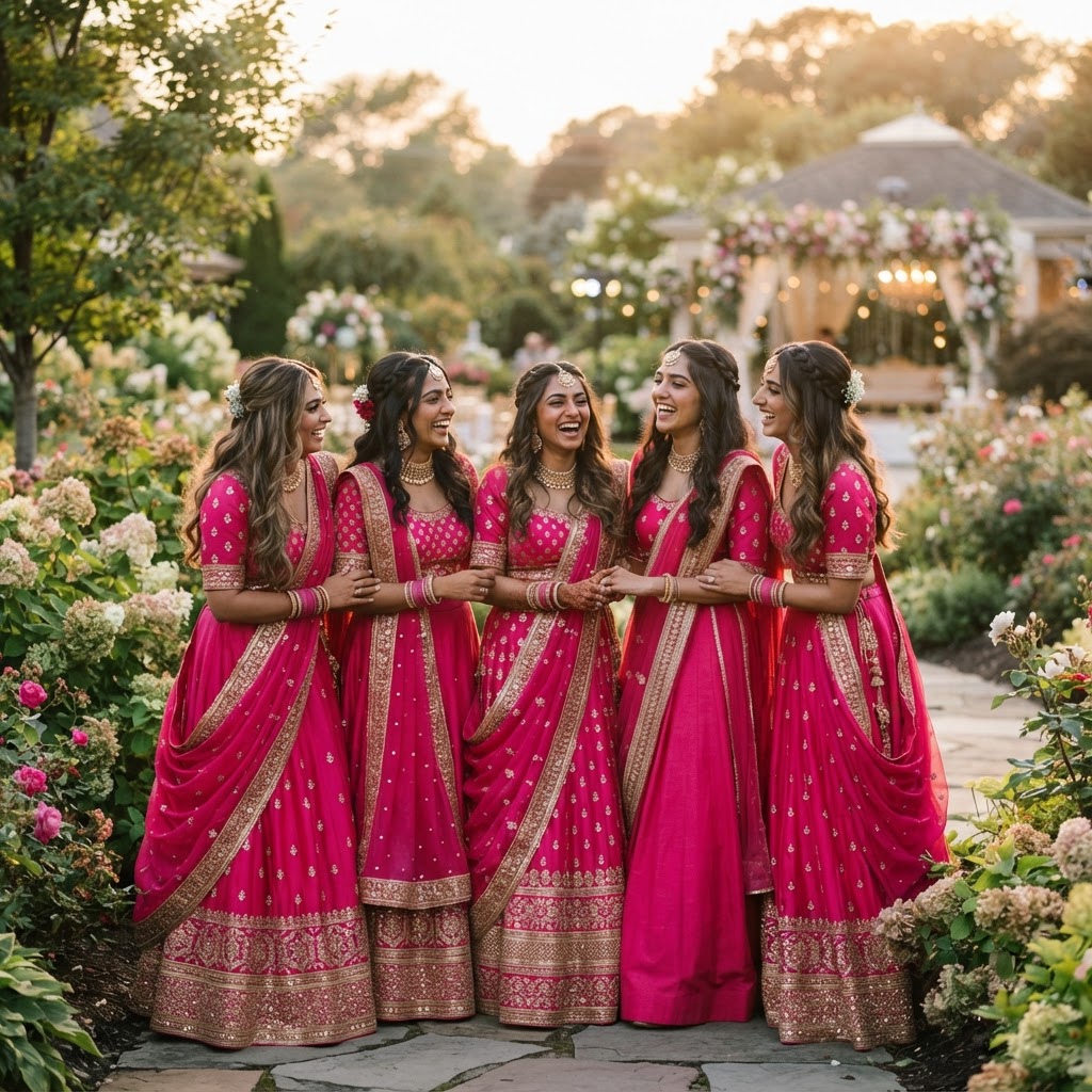 Coordinated Fuchsia Pink Bridesmaids Lehengas