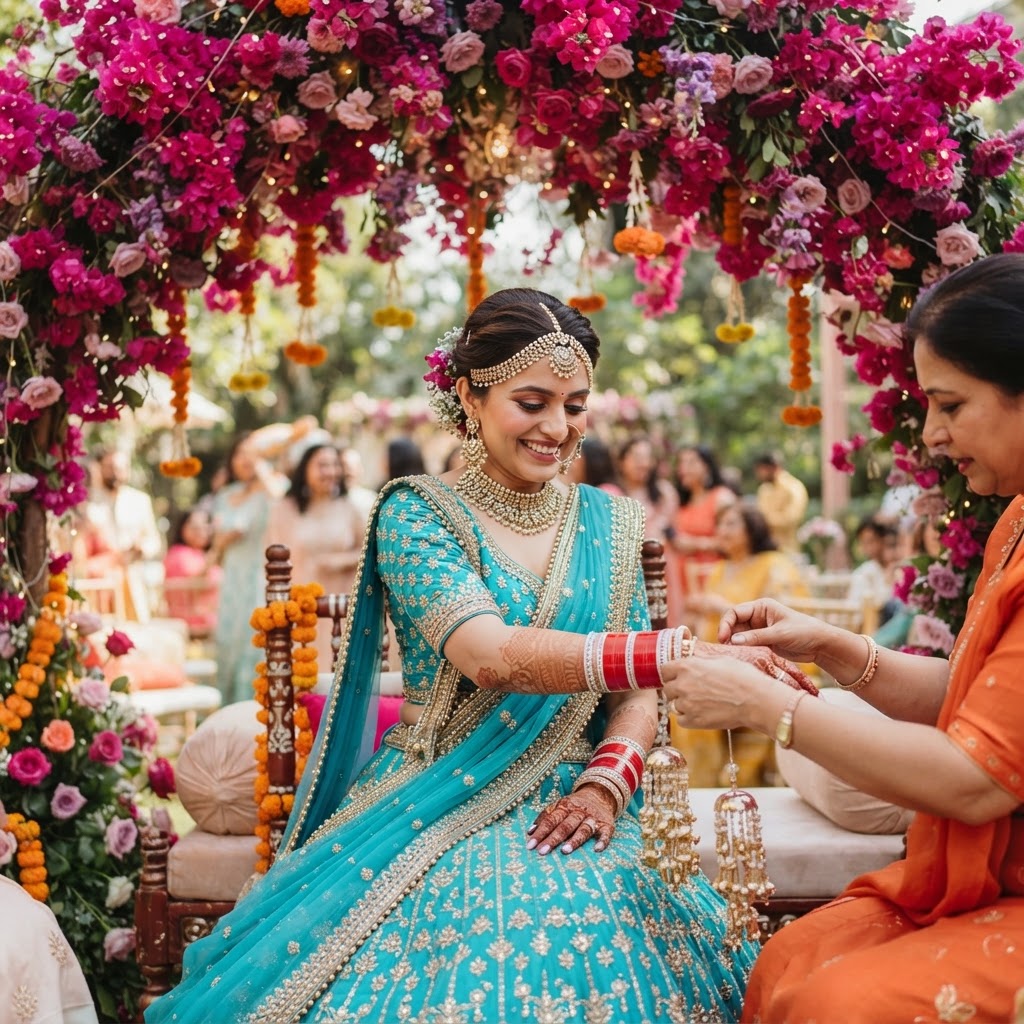 Teal Embroidered Lehenga Choora Ceremony