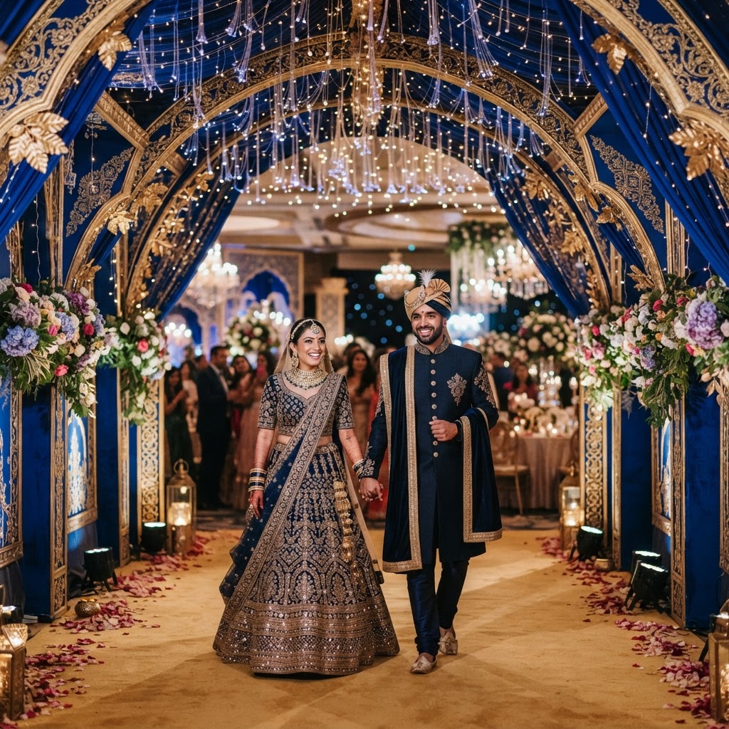 Royal Navy Blue Wedding Reception Entrance