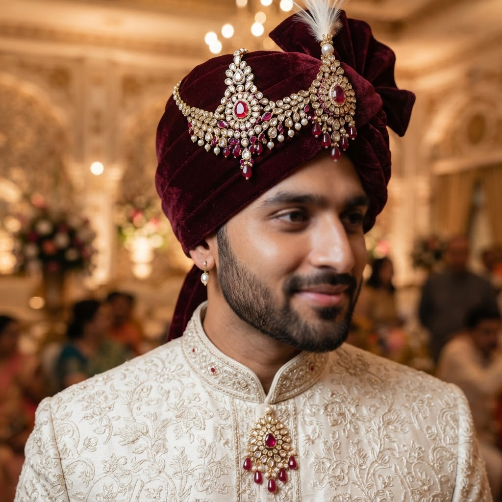 Maroon Velvet Turban With Ruby Kalgi