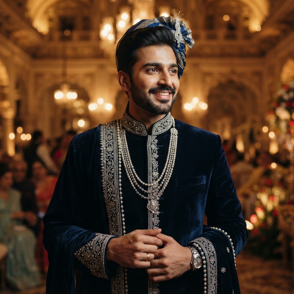 Midnight Blue Velvet Embroidered Sherwani