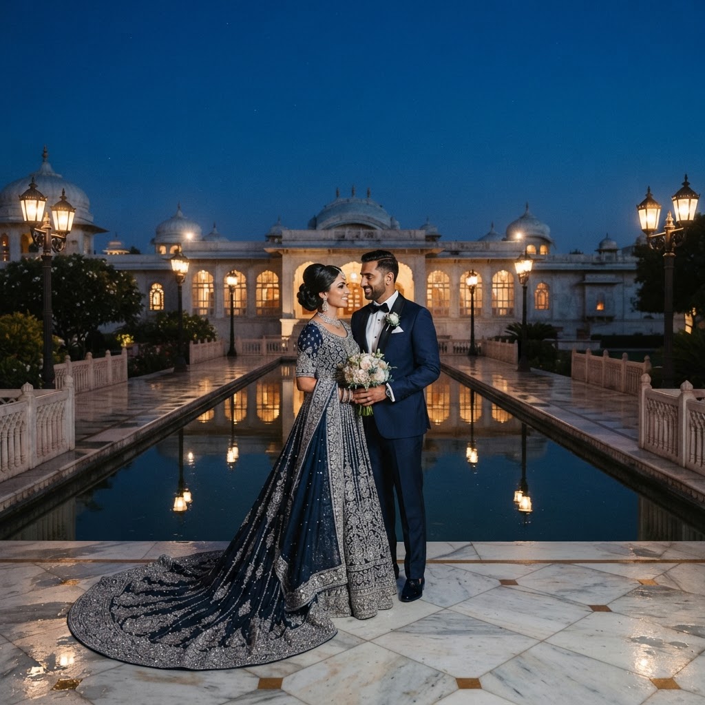Midnight Blue Embroidered Bridal Lehenga Couple