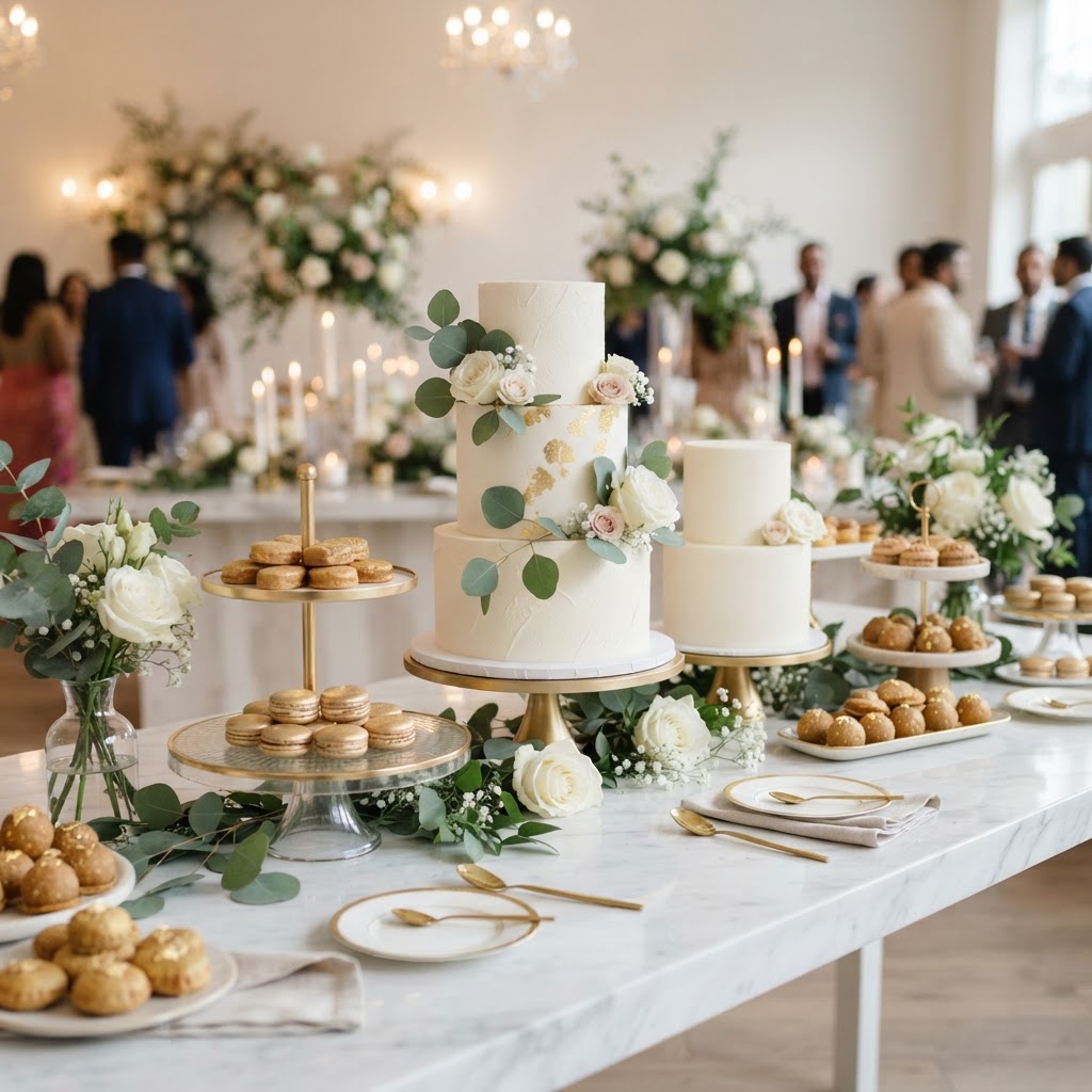 Elegant White And Gold Wedding Dessert Table