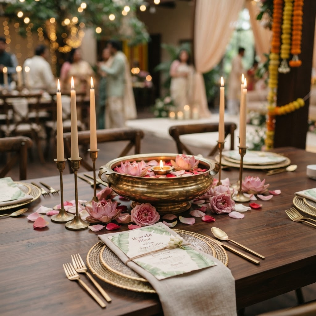 Brass Urli Floral Centerpiece Tablescape