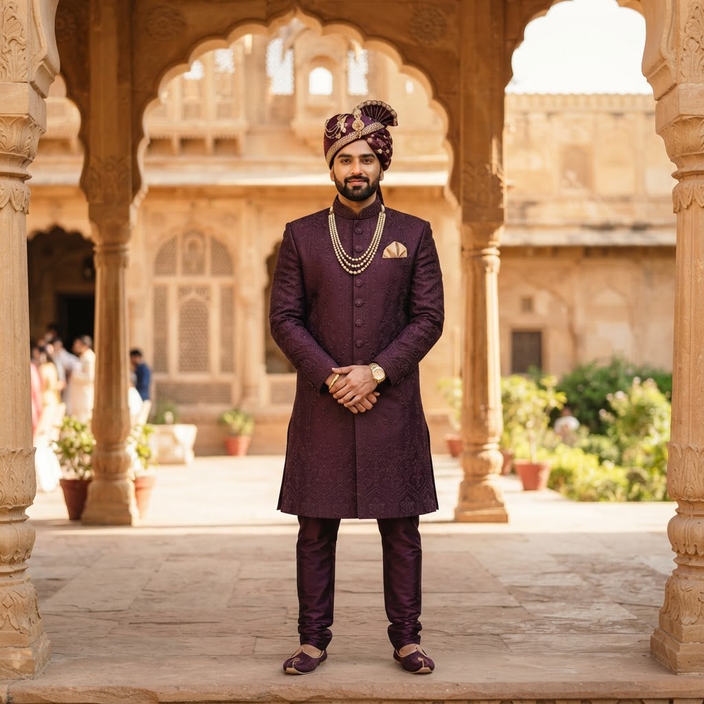 Deep Purple Embroidered Groom Sherwani