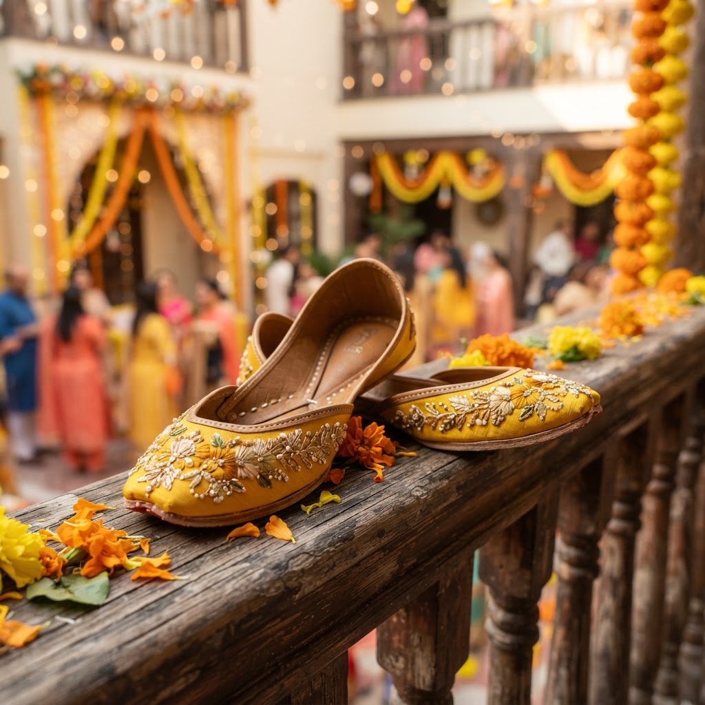 Yellow Embroidered Floral Bridal Juttis