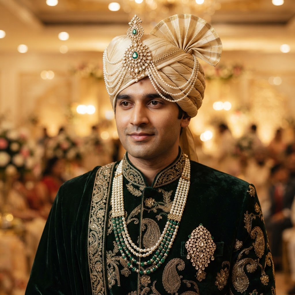 Emerald Green Groom Sherwani With Pearl Jewelry