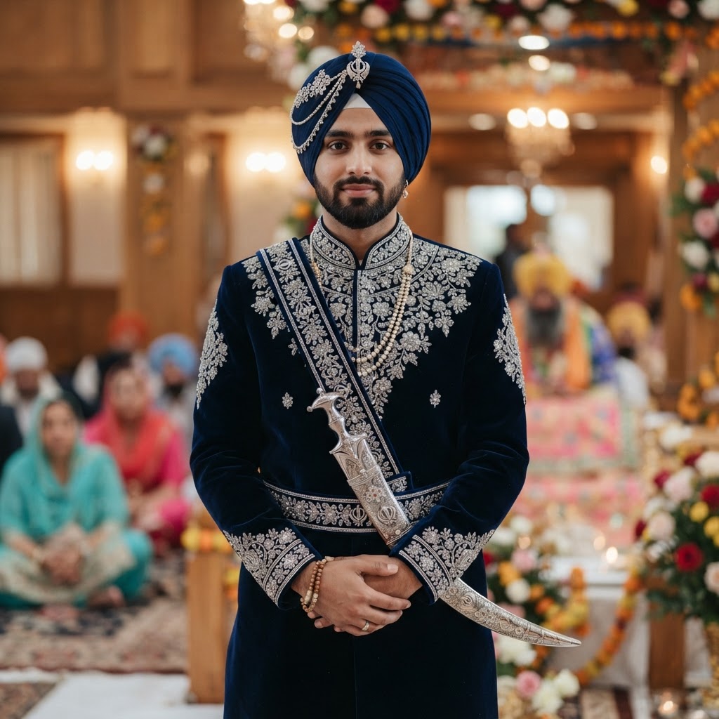 Navy Blue Velvet Groom Sherwani