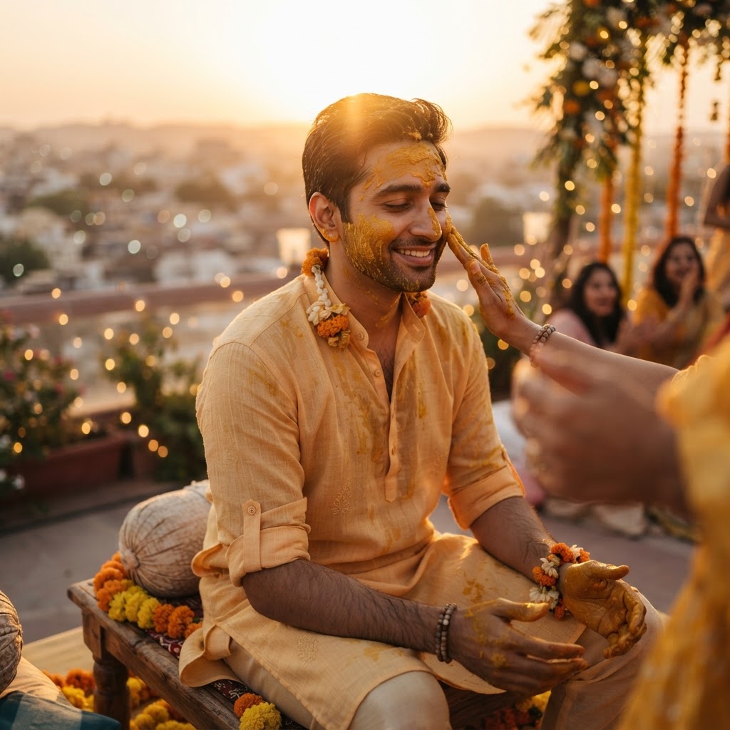 Groom Wearing Yellow Kurta For Haldi