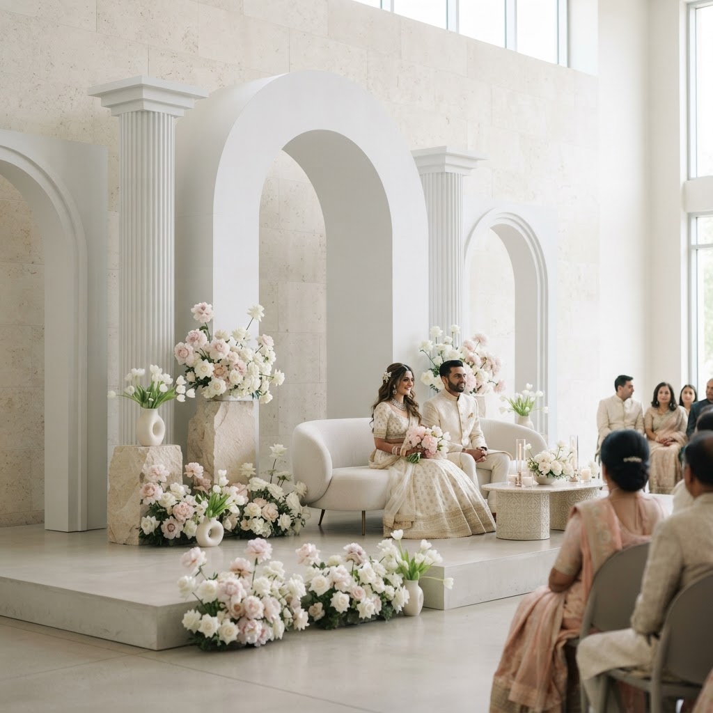 Minimalist White Arch Wedding Stage Decor