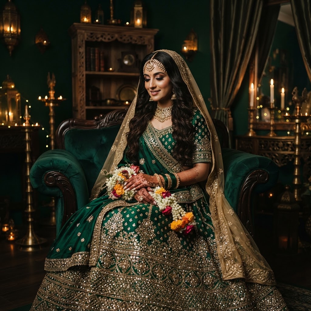 Emerald Green Embroidered Bridal Lehenga