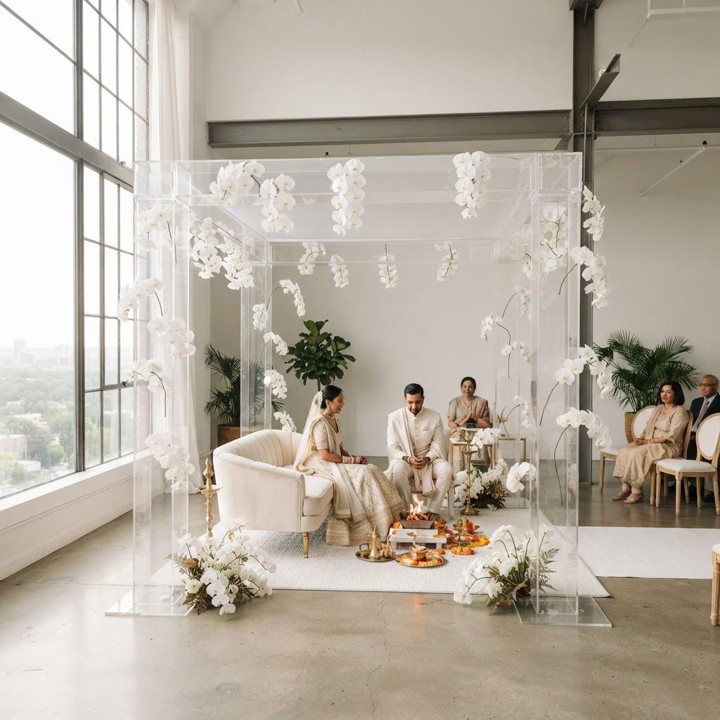 Minimalist White Orchid Acrylic Mandap Decor