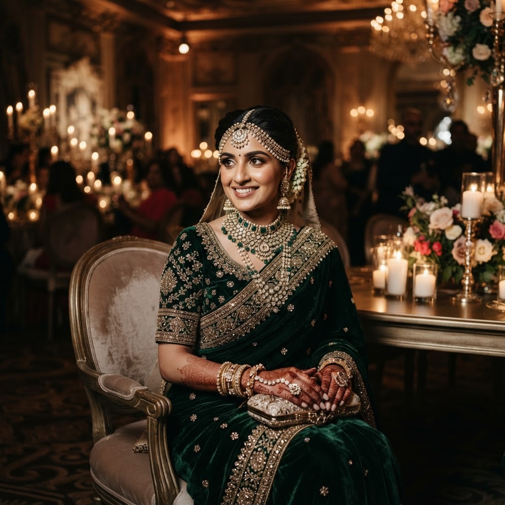 Emerald Velvet Reception Saree Look