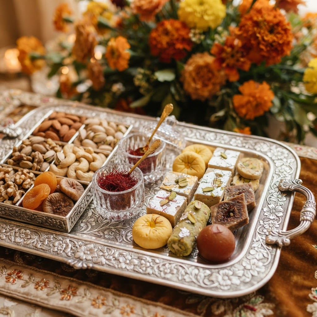 Traditional Silver Platter With Mithai And Nuts