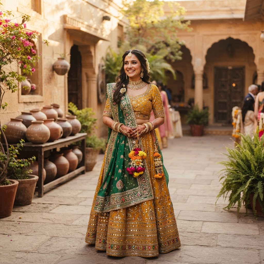 Mustard Yellow And Green Embellished Lehenga