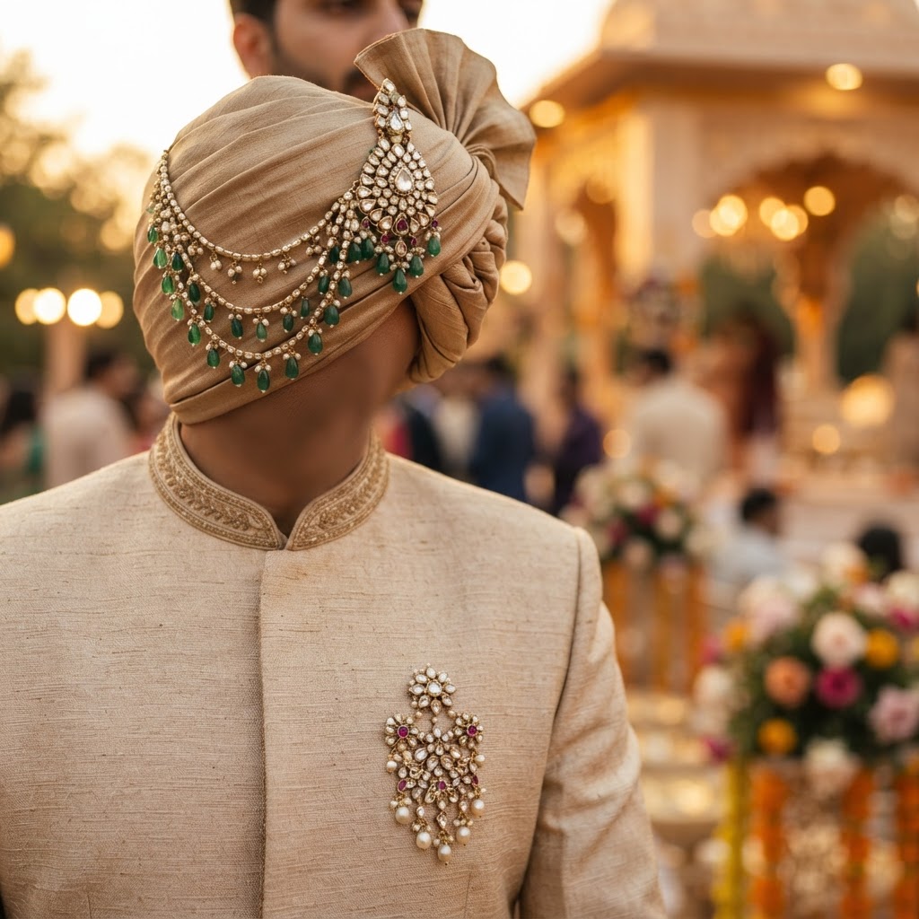 Beige Groom Safa With Polki Kalgi