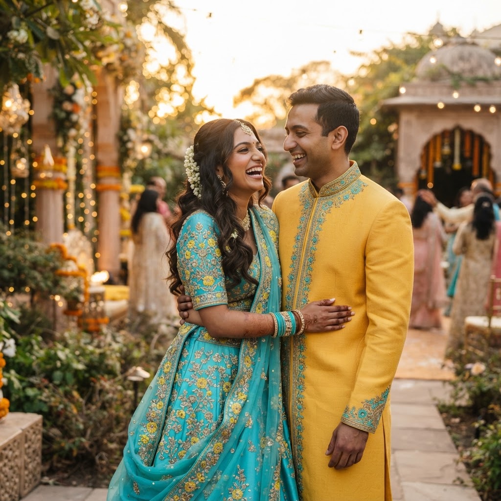 Turquoise Lehenga And Yellow Embroidered Sherwani
